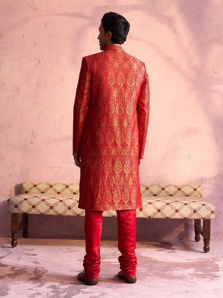 SHRESTHA By VASTRAMAY Men's Red Jacquard Sherwani Set