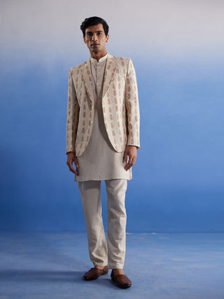 SHVAAS By VASTRAMAY Men's Cream Leaf Printed Blazer With Kurta Pyjama Set
