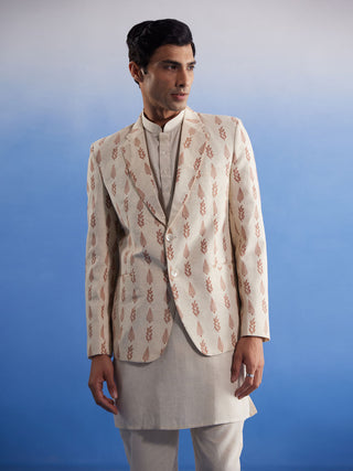 SHVAAS By VASTRAMAY Men's Cream Leaf Printed Blazer With Kurta Pyjama Set