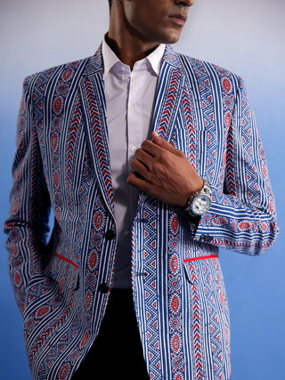 SHVAAS By VASTRAMAY Men's Aqua And Red Ethnic Printed Ctton Blazer