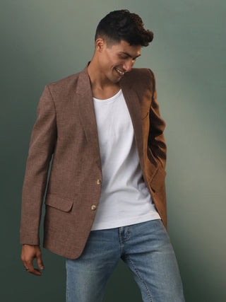 Vastramay Men's Brown Checked Cotton Blend Blazer