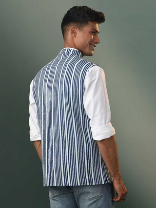 SHVAAS By VASTRAMAY Men's Indigo Striped Kantha Stich Nehru Jacket