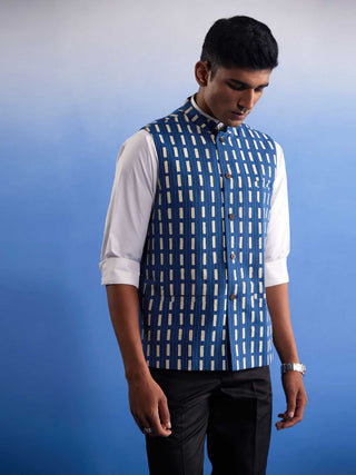 SHVAAS By VASTRAMAY Men's Blue Rubber Print Nehru jacket