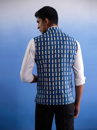 Vastramay Men's Blue Rubber Print Nehru jacket