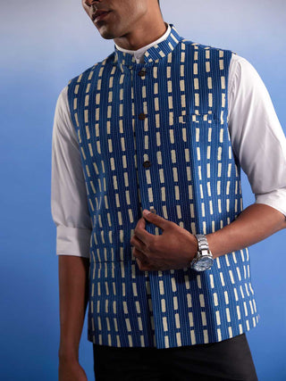 SHVAAS By VASTRAMAY Men's Blue Rubber Print Nehru jacket