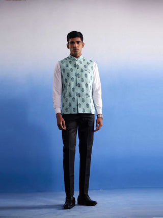 SHVAAS By VASTRAMAY Men's Mint Green Ethnic Motif Printed Nehru jacket