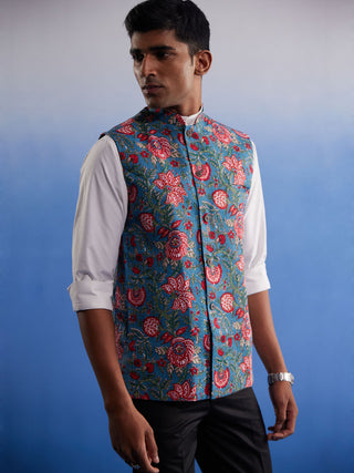 SHVAAS By VASTRAMAY Men's Aqua Printed Nehru Jacket