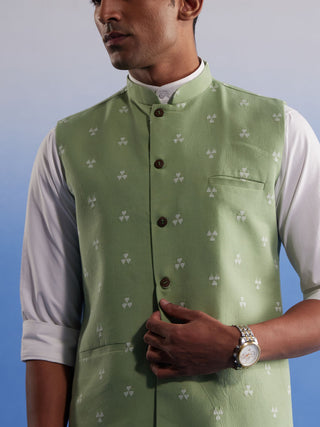 SHVAAS By VASTRAMAY Men's Green Jacquard Nehru Jacket