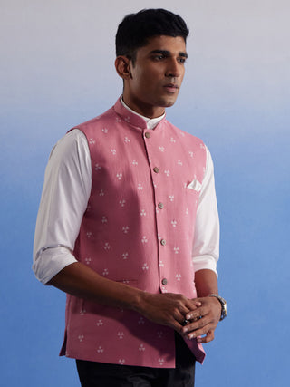SHVAAS By VASTRAMAY Men's Pink Jacquard Nehru Jacket
