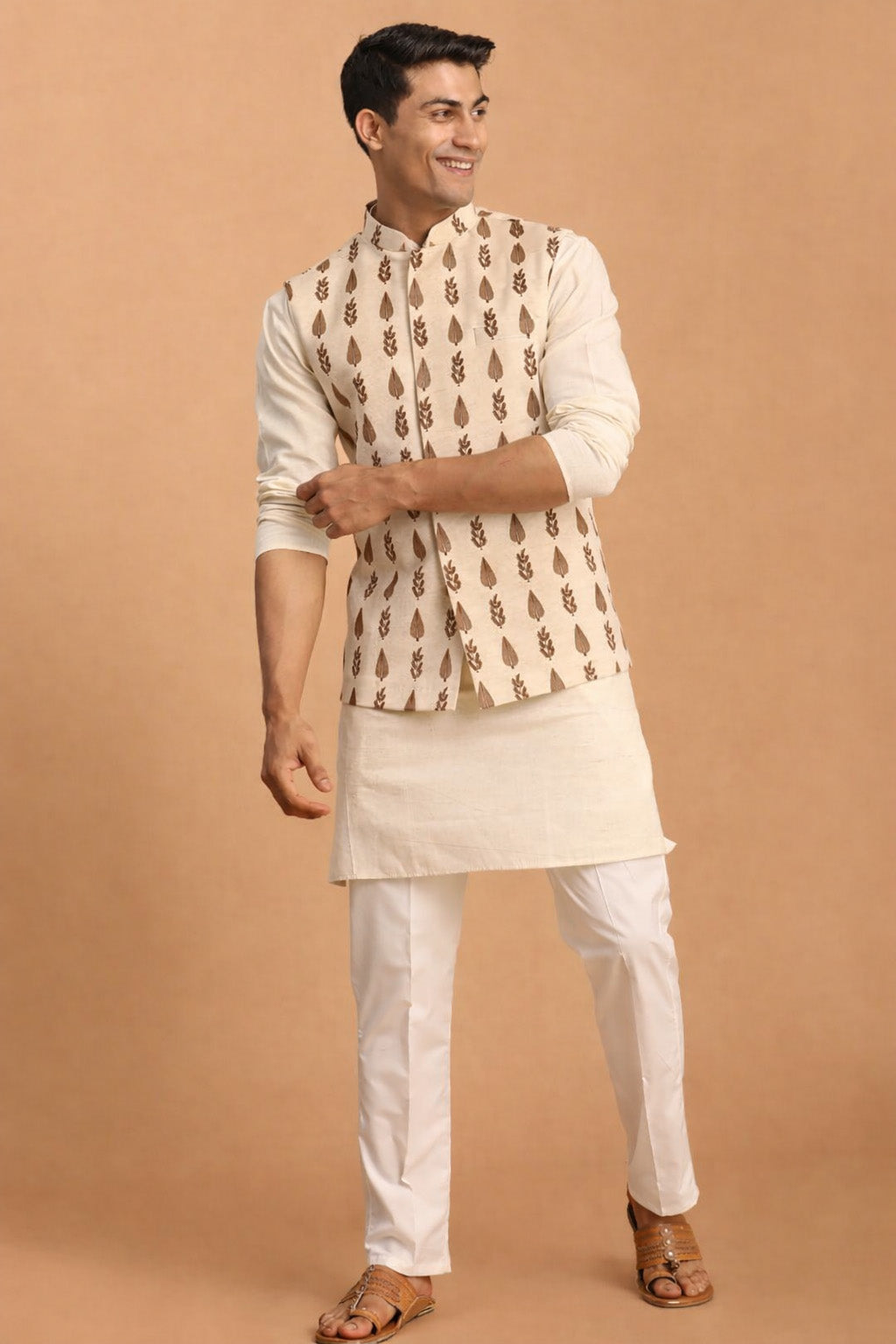 Men's Cream Leaf Printed Pure Cotton Nehru Jacket With Short Kurta And Pant Set