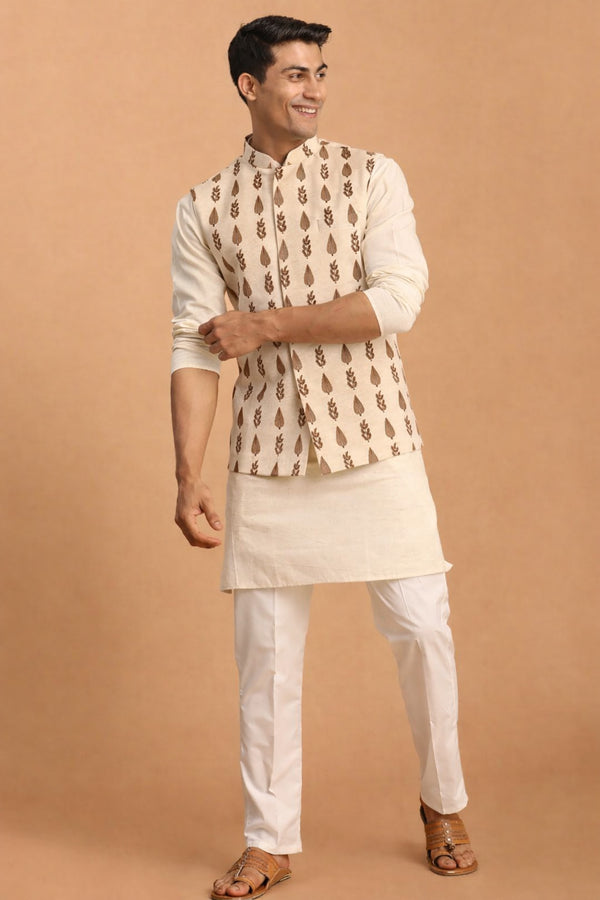 Men's Cream Leaf Printed Pure Cotton Nehru Jacket With Short Kurta And Pant Set