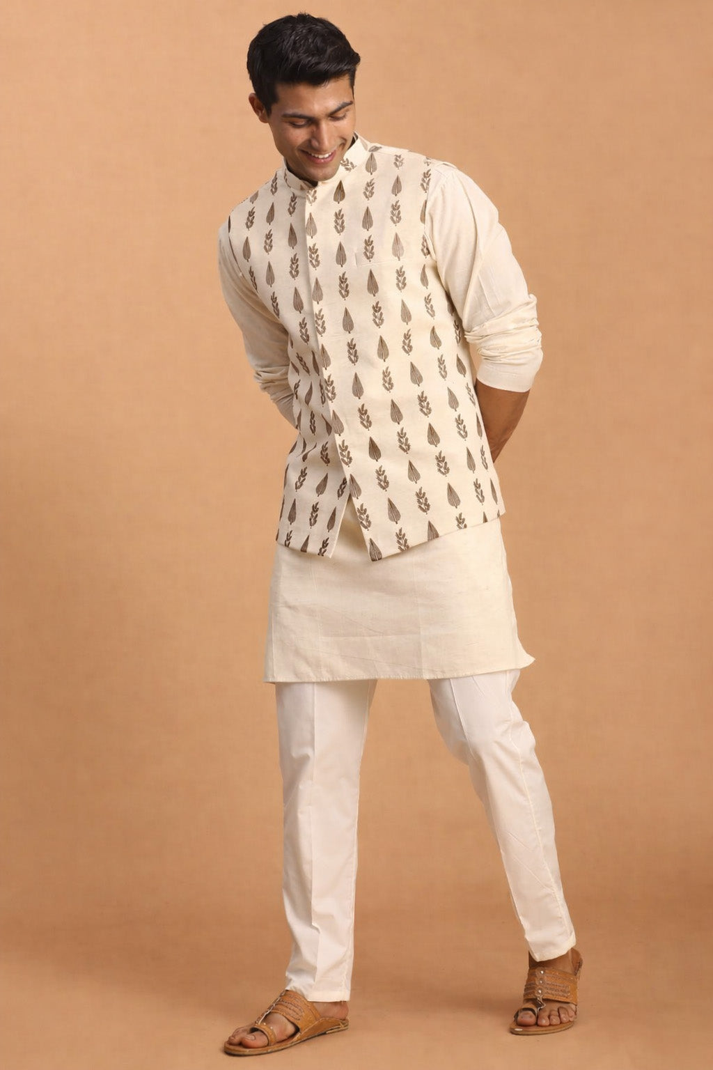 Men's Cream Leaf Printed Pure Cotton Nehru Jacket With Short Kurta And Pant Set