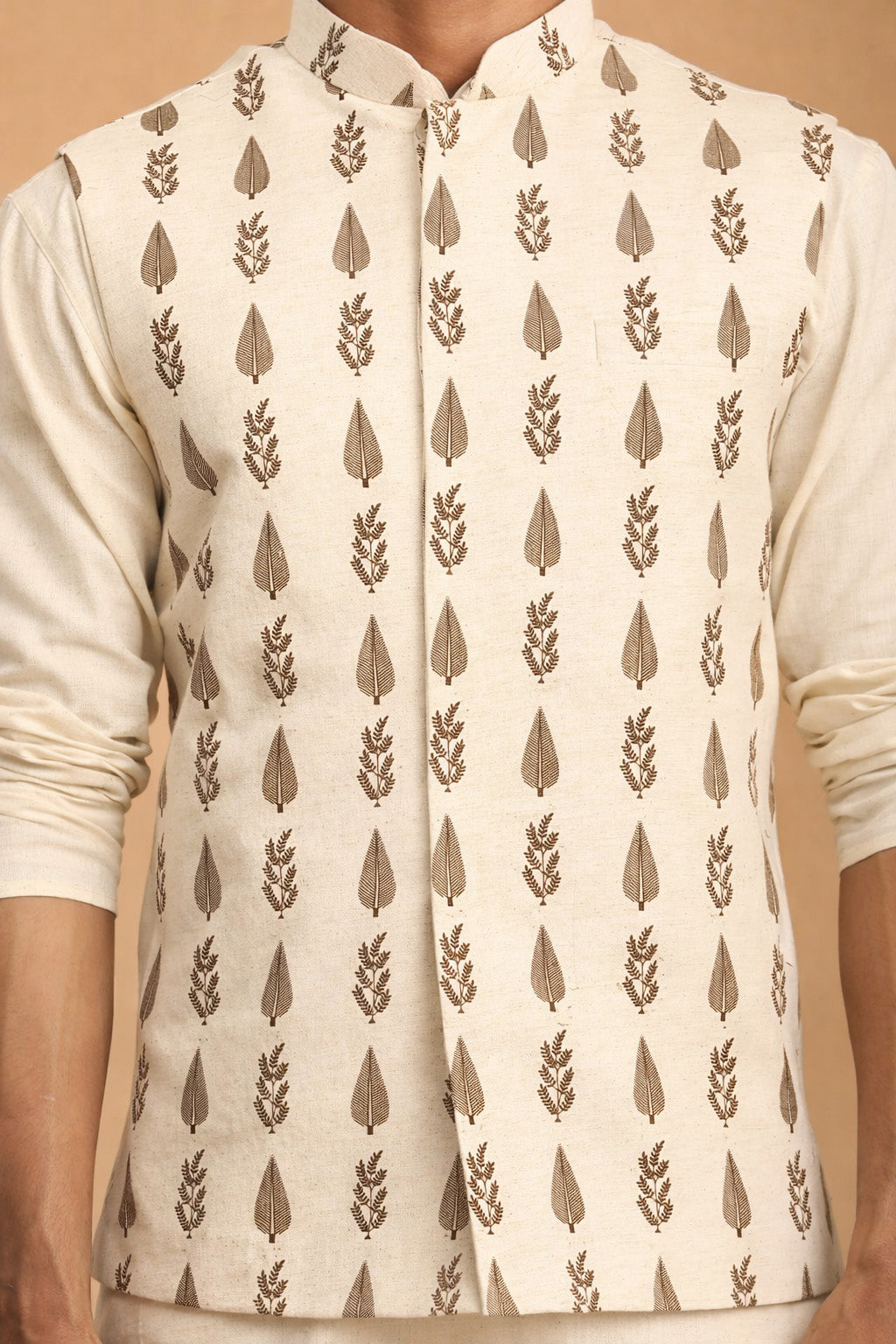 Men's Cream Leaf Printed Pure Cotton Nehru Jacket With Short Kurta And Pant Set