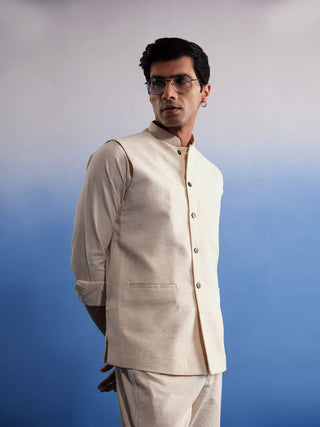 SHVAAS By VASTRAMAY Men's Cream Pure Cotton Nehru Jacket