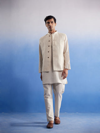 VASTRAMAY Men's Cream Pure Cotton Nehru Jacket With Short Kurta And Pant Set