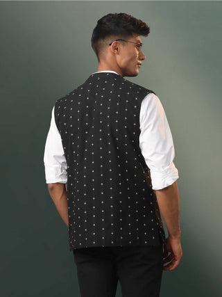 SHVAAS By VASTRAMAY Men's Black Jacquard Cotton Nehru Jacket