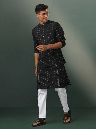 SHVAAS By VASTRAMAY Men's Black Jacquard Cotton Jacket Kurta Pyjama Set