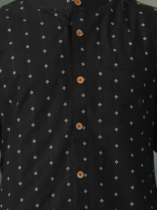 VASTRAMAY Men's Black Jacquard Cotton Jacket Kurta Pyjama Set