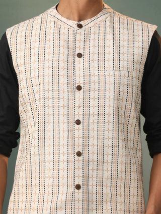 SHVAAS By VASTRAMAY Men's Cream Thread Worked Cotton Nehru Jacket