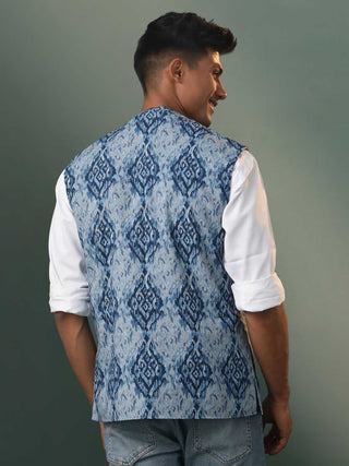 SHVAAS By VASTRAMAY Men's Blue Printed Nehru Jacket