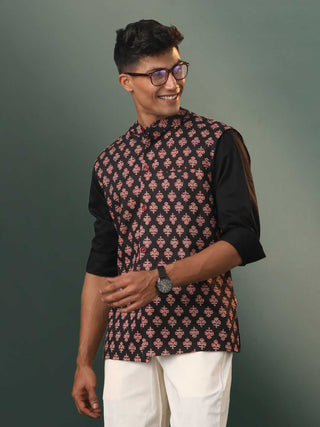 SHVAAS By VASTRAMAY Men's Black Floral Printed Cotton Nehru Jacket