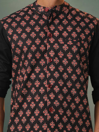 SHVAAS By VASTRAMAY Men's Black Floral Printed Cotton Nehru Jacket