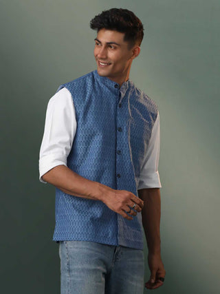 VASTRAMAY Men's Blue Printed Nehru Jacket
