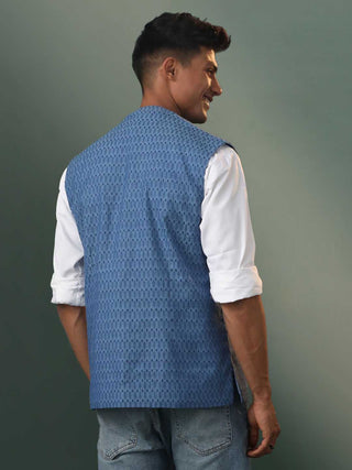 VASTRAMAY Men's Blue Printed Nehru Jacket