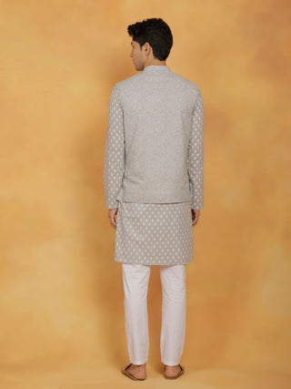 Shvaas By Vastramay Men's Gray And White Cotton Jacket, Kurta and Pyjama Set
