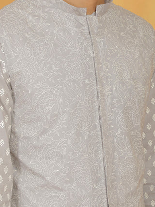 VASTRAMAY Men's Gray And White Cotton Jacket, Kurta and Pyjama Set