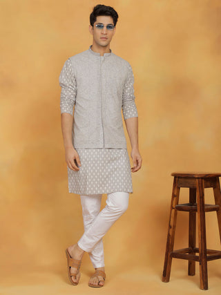 Shvaas By Vastramay Men's Gray And White Cotton Jacket, Kurta and Pyjama Set