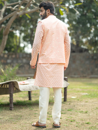 VASTRAMAY Men's Peach And Cream Cotton Jacket, Kurta and Pyjama Set