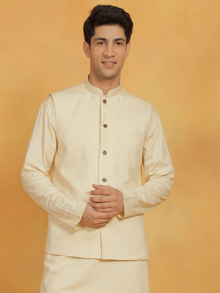VASTRAMAY Men's Cream Cotton Linen Nehru Jacket