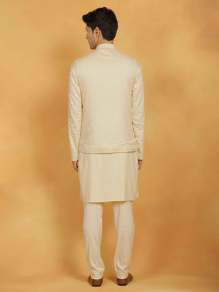 Shvaas By Vastramay Men's Cream Linen Cotton Jacket, Kurta and Pyjama Set