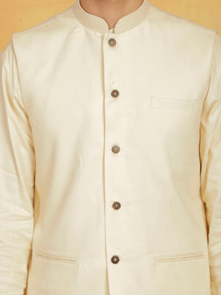 Shvaas By Vastramay Men's Cream Linen Cotton Jacket, Kurta and Pyjama Set