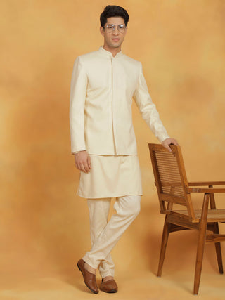 VASTRAMAY Men's Cream Linen Cotton jodhpuri, Kurta and Pyjama Set