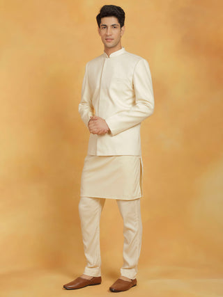 Shvaas By Vastramay Men's Cream Linen Cotton jodhpuri, Kurta and Pyjama Set