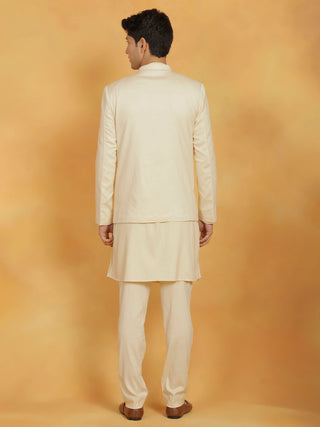 Shvaas By Vastramay Men's Cream Linen Cotton jodhpuri, Kurta and Pyjama Set