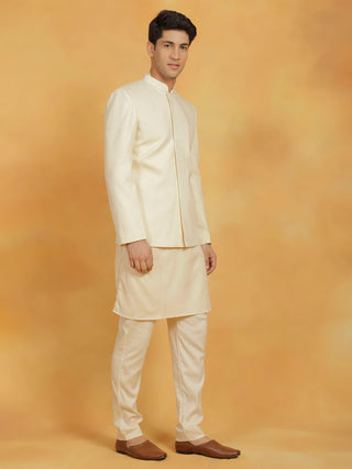 Shvaas By Vastramay Men's Cream Linen Cotton jodhpuri, Kurta and Pyjama Set