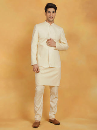 Shvaas By Vastramay Men's Cream Linen Cotton jodhpuri, Kurta and Pyjama Set