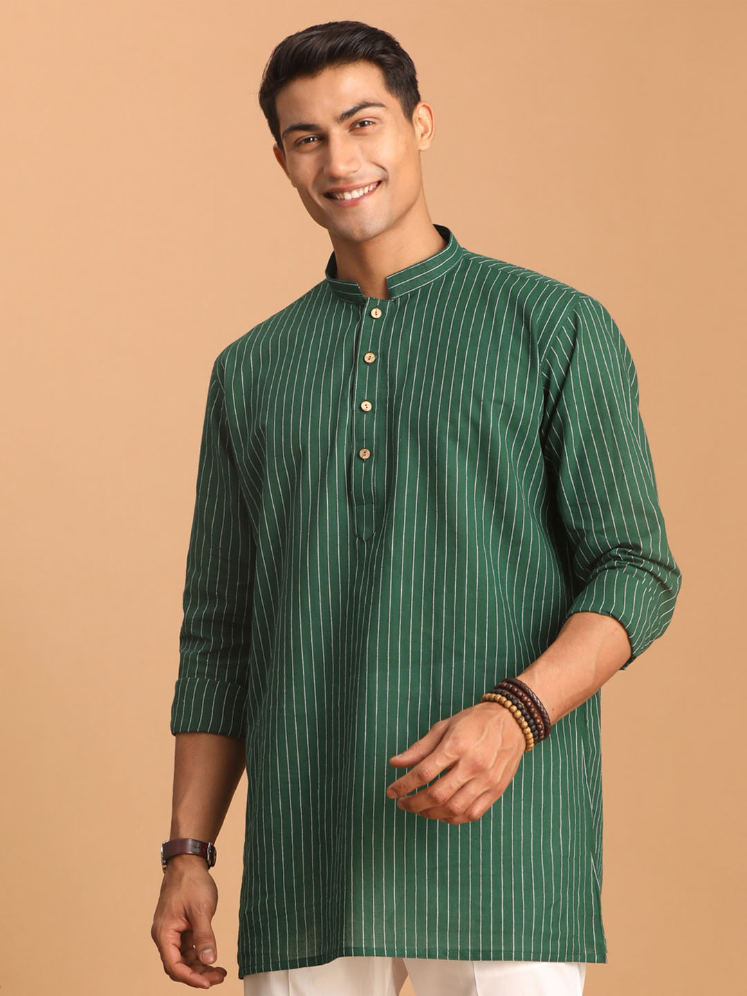 Men's Green Striped Cotton Short Kurta