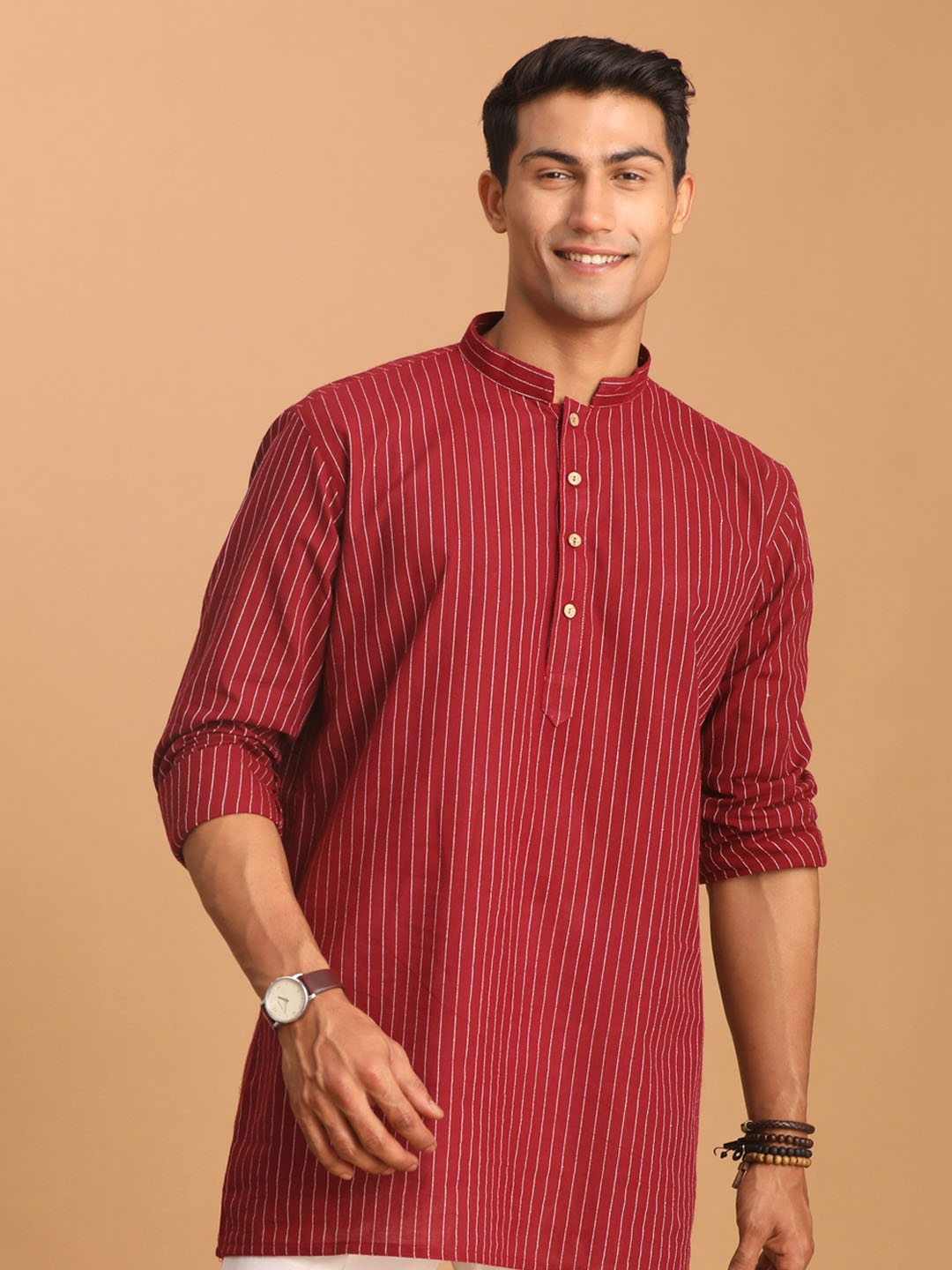 Men's Maroon Striped Cotton Short Kurta