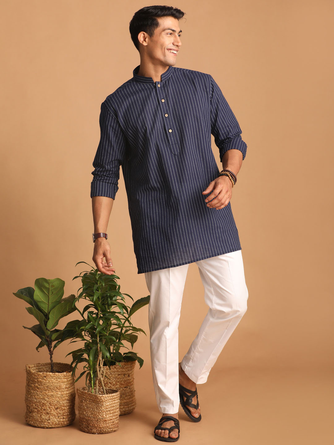 Men's Navy Blue Striped Cotton Short Kurta With White Pant Set