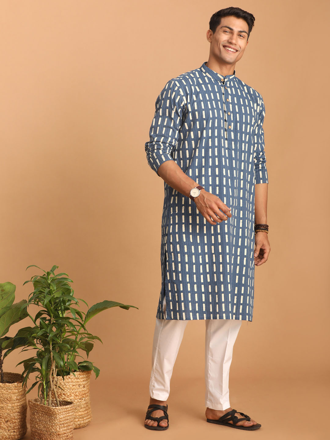 Men's Blue Rubber Print Cotton Kurta With White Pant Set