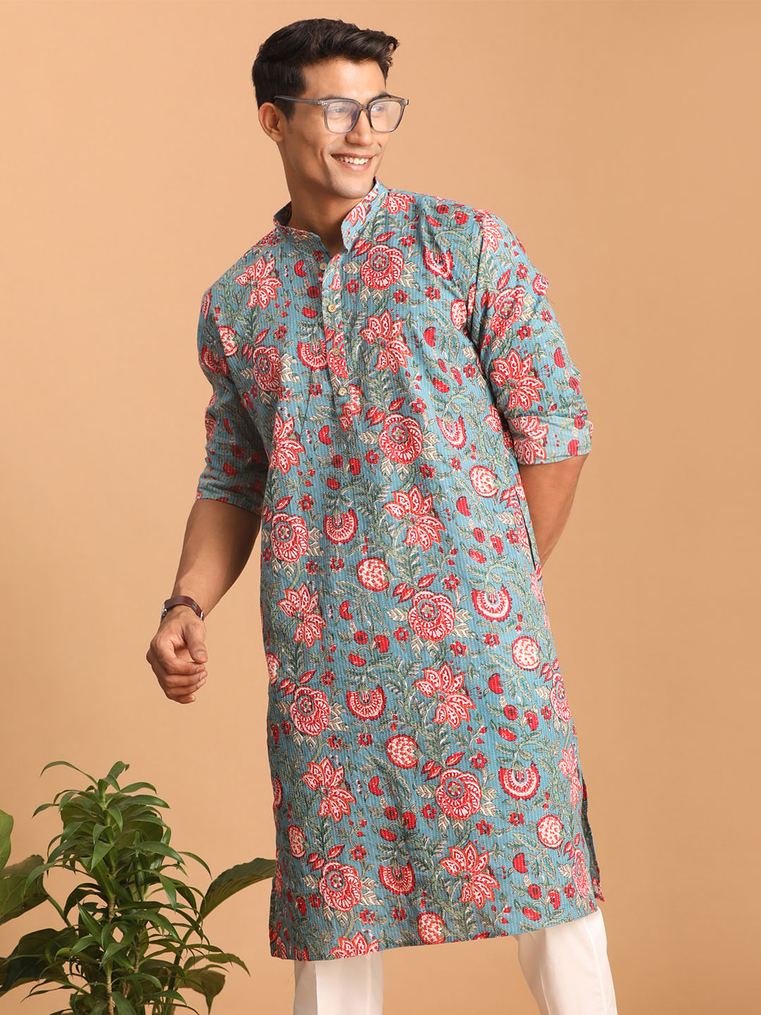 Men's Blue And Red Floral Printed Cotton Kurta