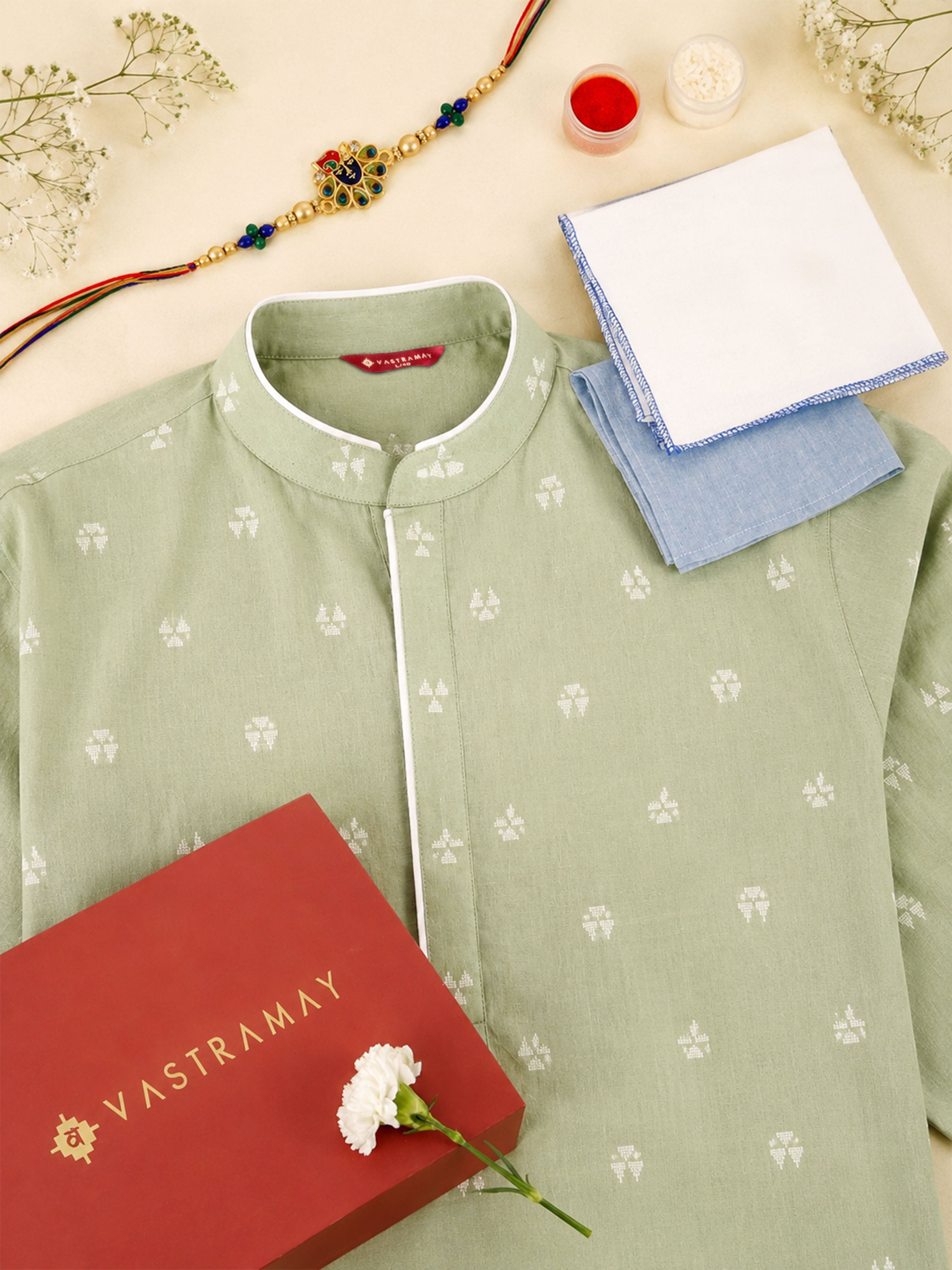 Men's Green Geometric Booti Jacquard Kurta Rakhi Gift Box for Brother | Includes Rakhi & Festive Essentials