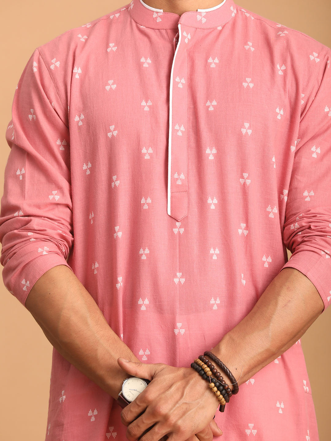 Men's Pink Geometric Booti Jacquard Kurta Rakhi Gift Box for Brother | Includes Rakhi & Premium Gift Box