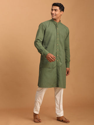 SHVAAS By VASTRAMAY Men's Green Cotton Cool Dyable Kurta with white Pant Set
