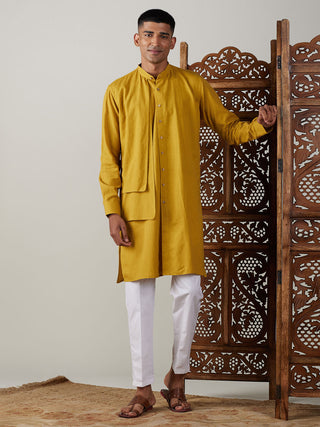 Vastramay Men's Mustard Cotton Cool Dyable Kurta with Cream Pant Set