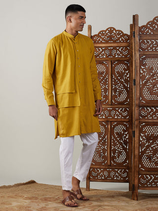 Vastramay Men's Mustard Cotton Cool Dyable Kurta with Cream Pant Set